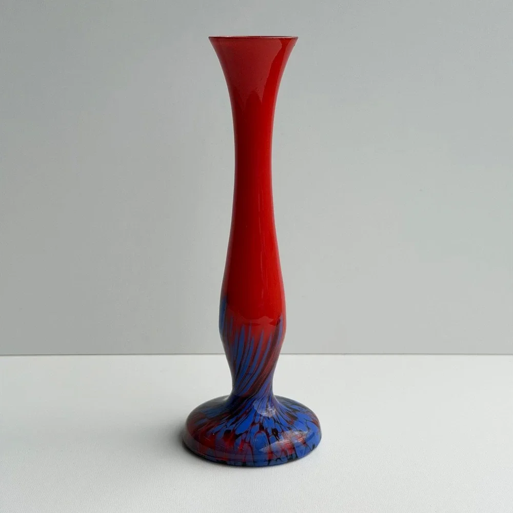 Vintage‎ Hand Blown Glass Bud Vase Red Blue Splatter Swirl Mid Century Retro